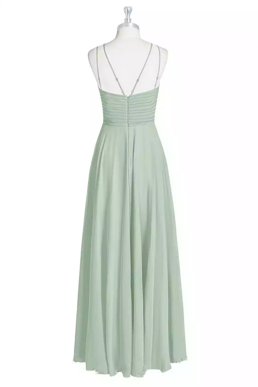 Ethereal Sage Green Chiffon Gown with Halter Spaghetti Straps & Ruched Bodice