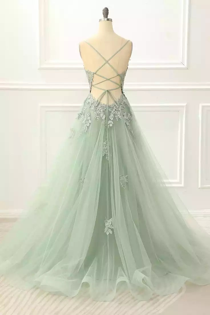 Ethereal Sage Green Tulle Ballgown with Embellished Lace Bodice