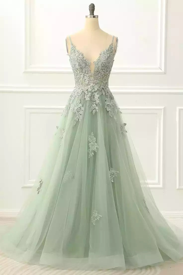 Ethereal Sage Green Tulle Ballgown with Embellished Lace Bodice