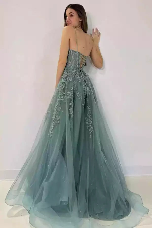 Ethereal Sage Green Tulle Ballgown with Lace Embroidery