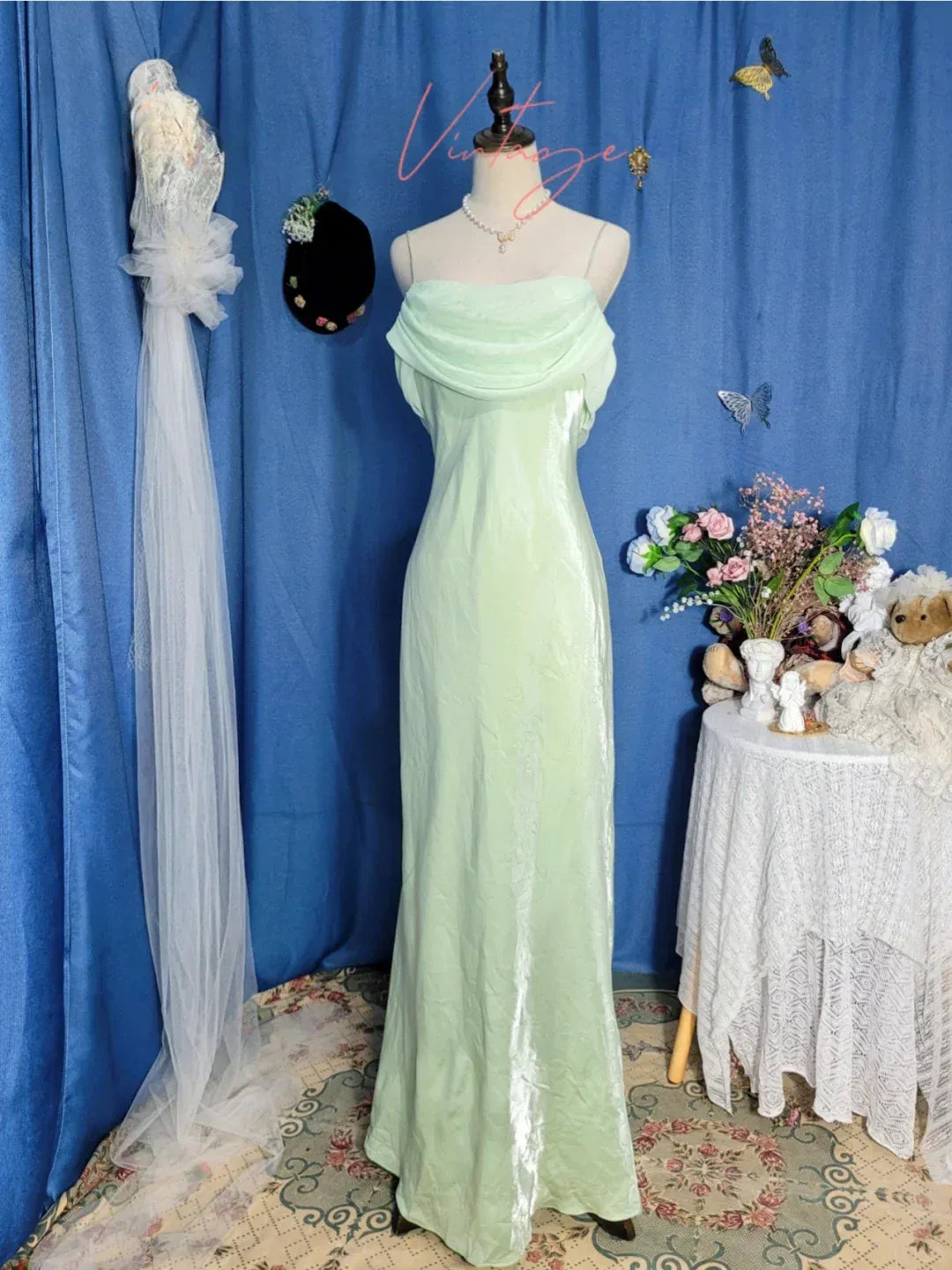 Ethereal Sheath Cowl-Neck Open-Back Mint-Green Satin Gown