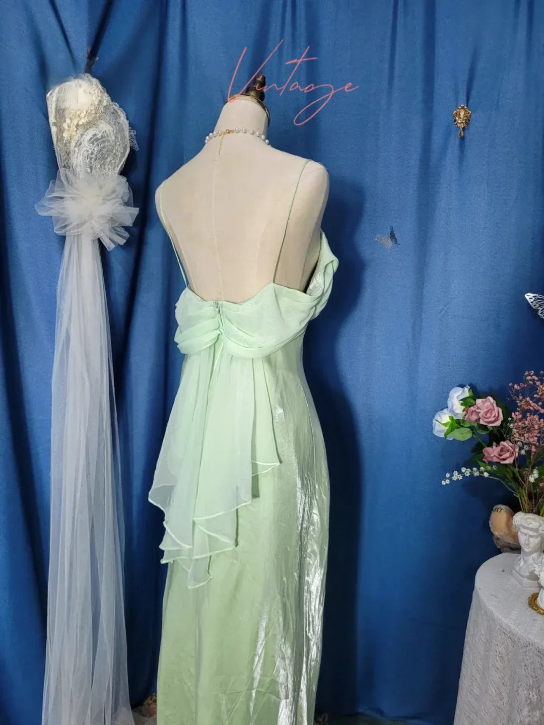 Ethereal Sheath Cowl-Neck Open-Back Mint-Green Satin Gown