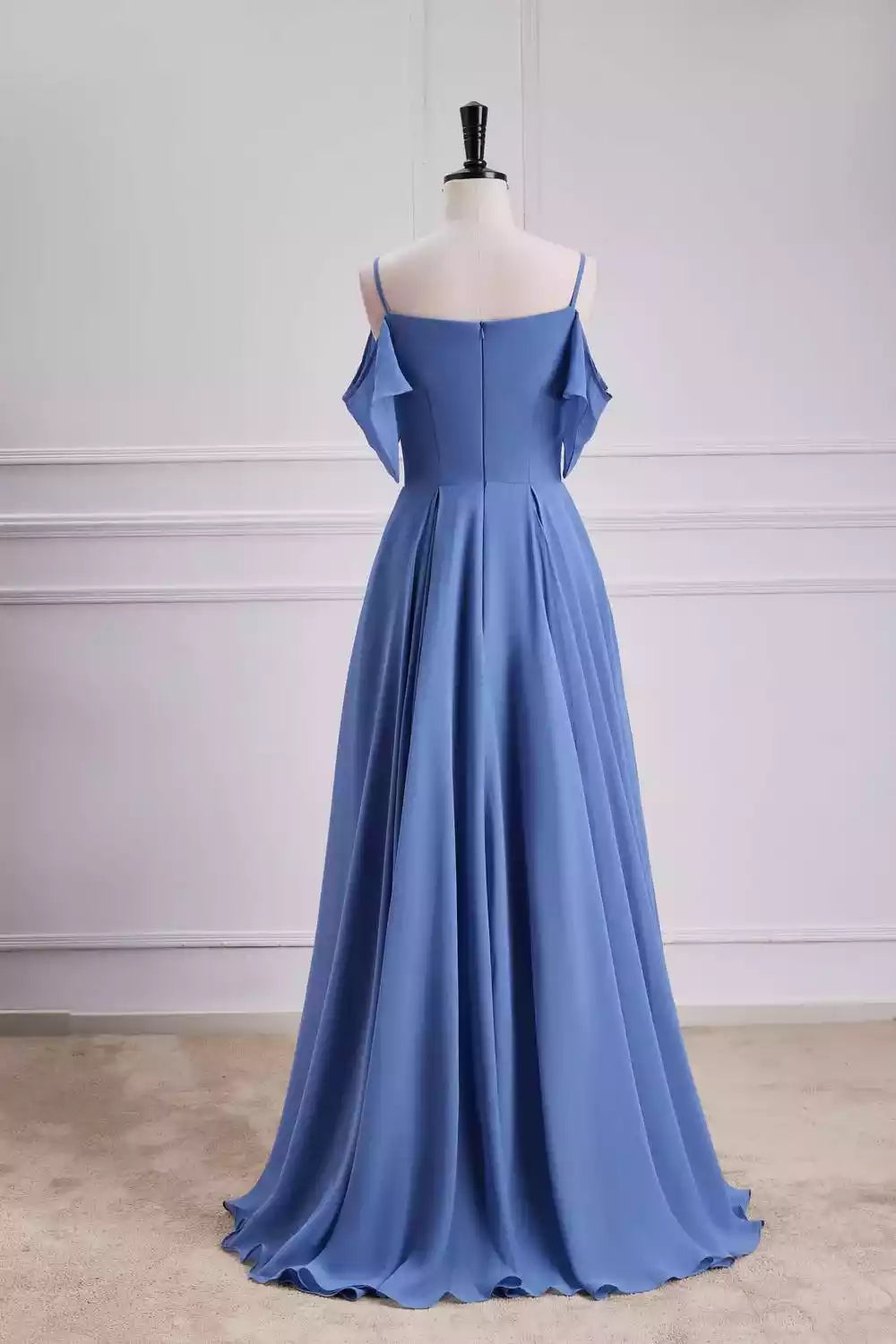 Ethereal Sky Blue Chiffon Gown with Cold-Shoulder Flutter Sleeves