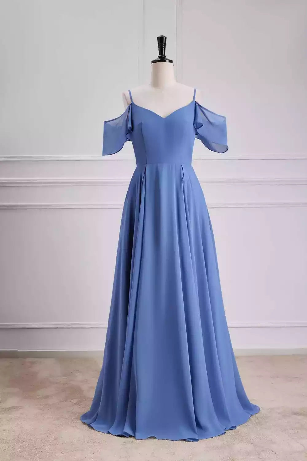 Ethereal Sky Blue Chiffon Gown with Cold-Shoulder Flutter Sleeves