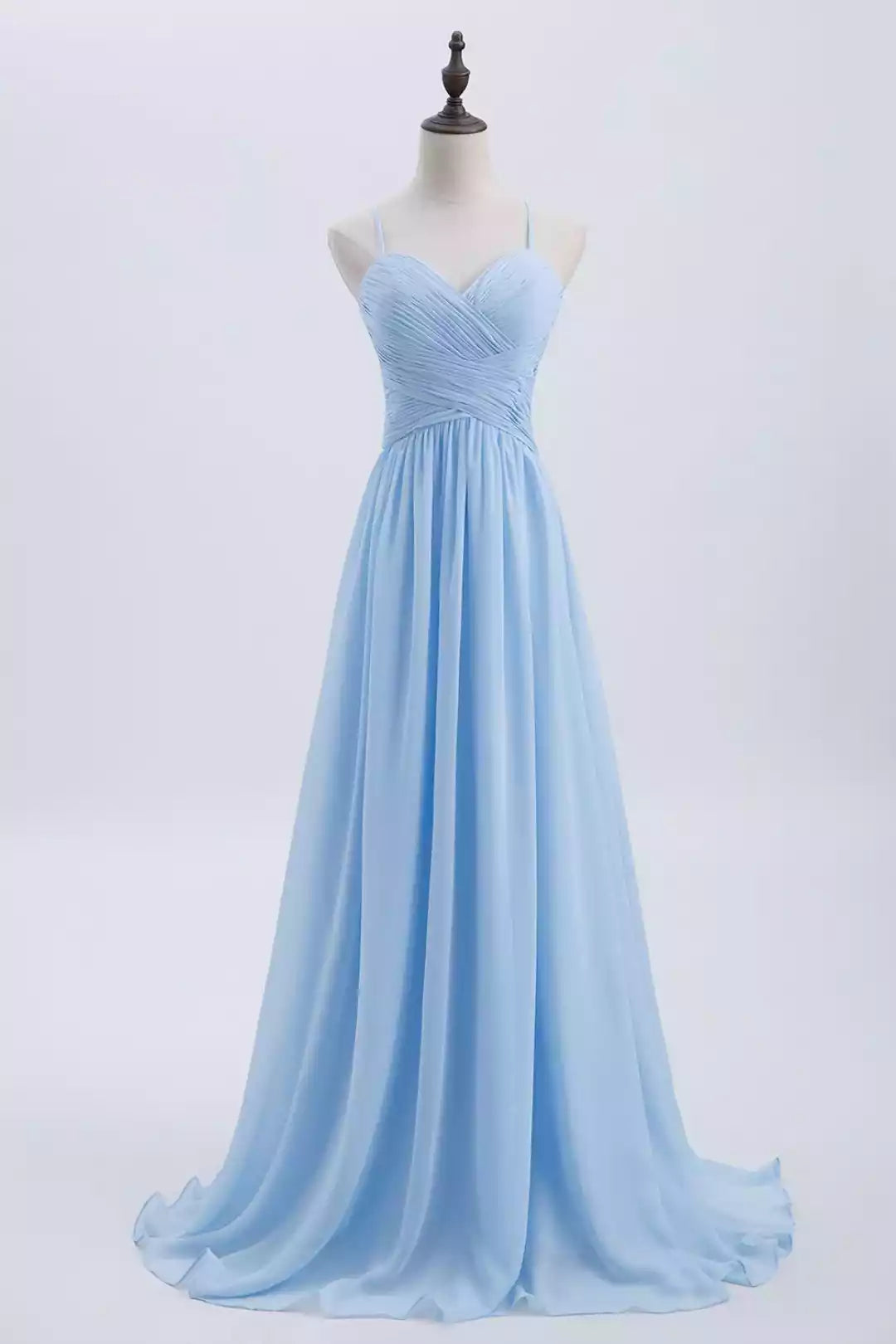 Ethereal Sky Blue Chiffon Gown with Crisscross Halter Back & Sweetheart Bodice