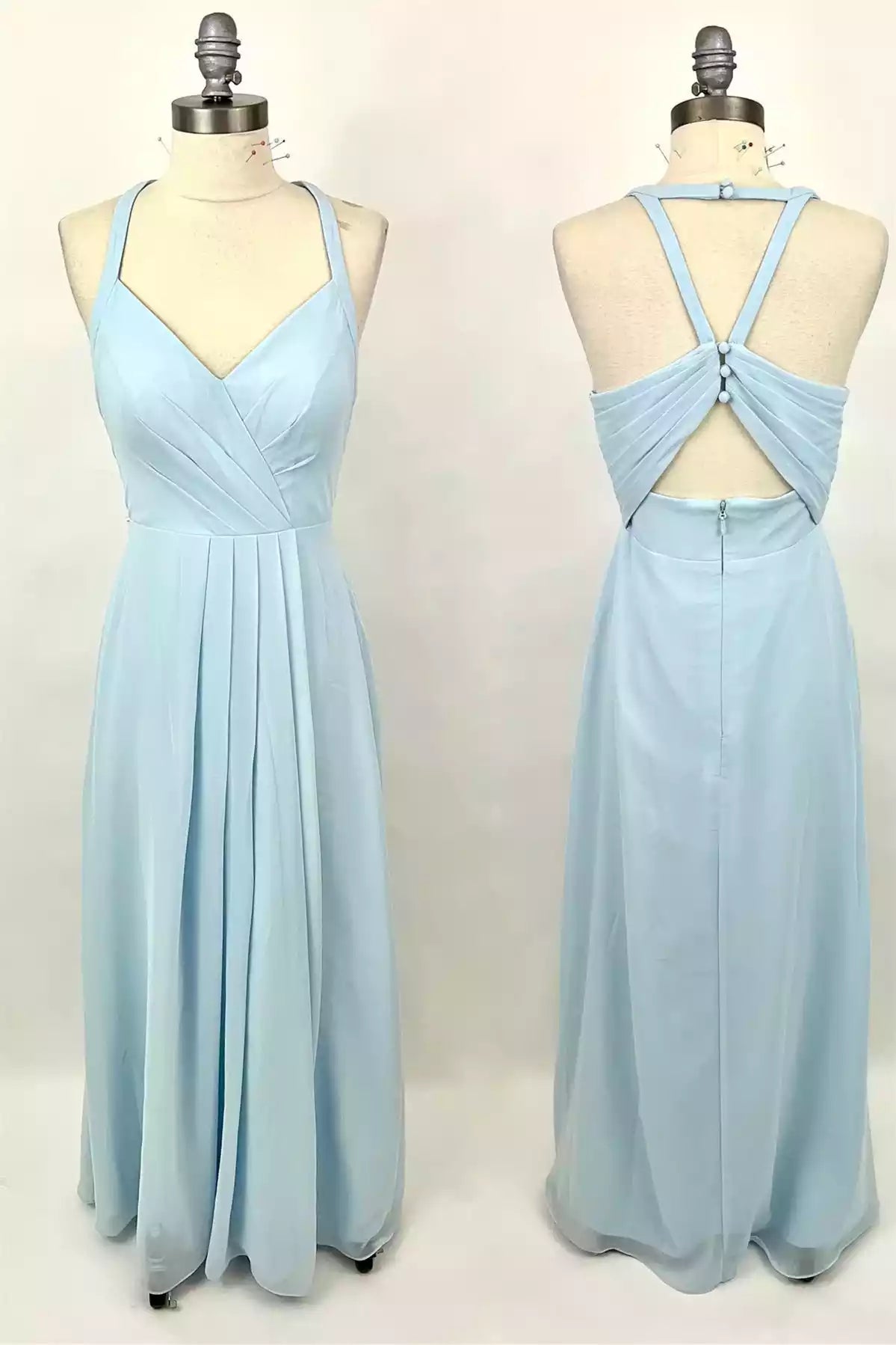 Ethereal Sky Blue Chiffon Gown with Cross-Drape Bodice & Button-Accent Open Back