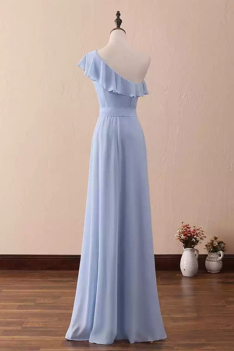 Ethereal Sky Blue Chiffon Gown with One-Shoulder Ruffle & Tie-Waist