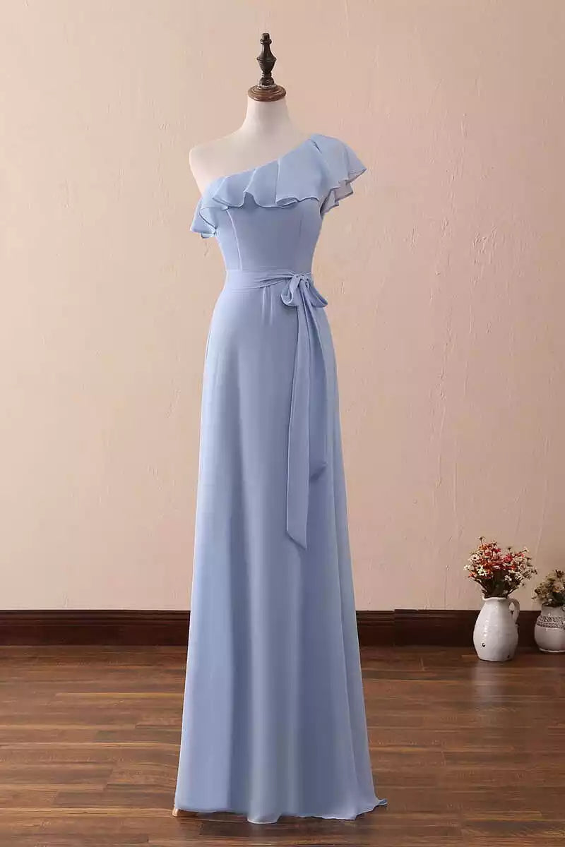 Ethereal Sky Blue Chiffon Gown with One-Shoulder Ruffle & Tie-Waist