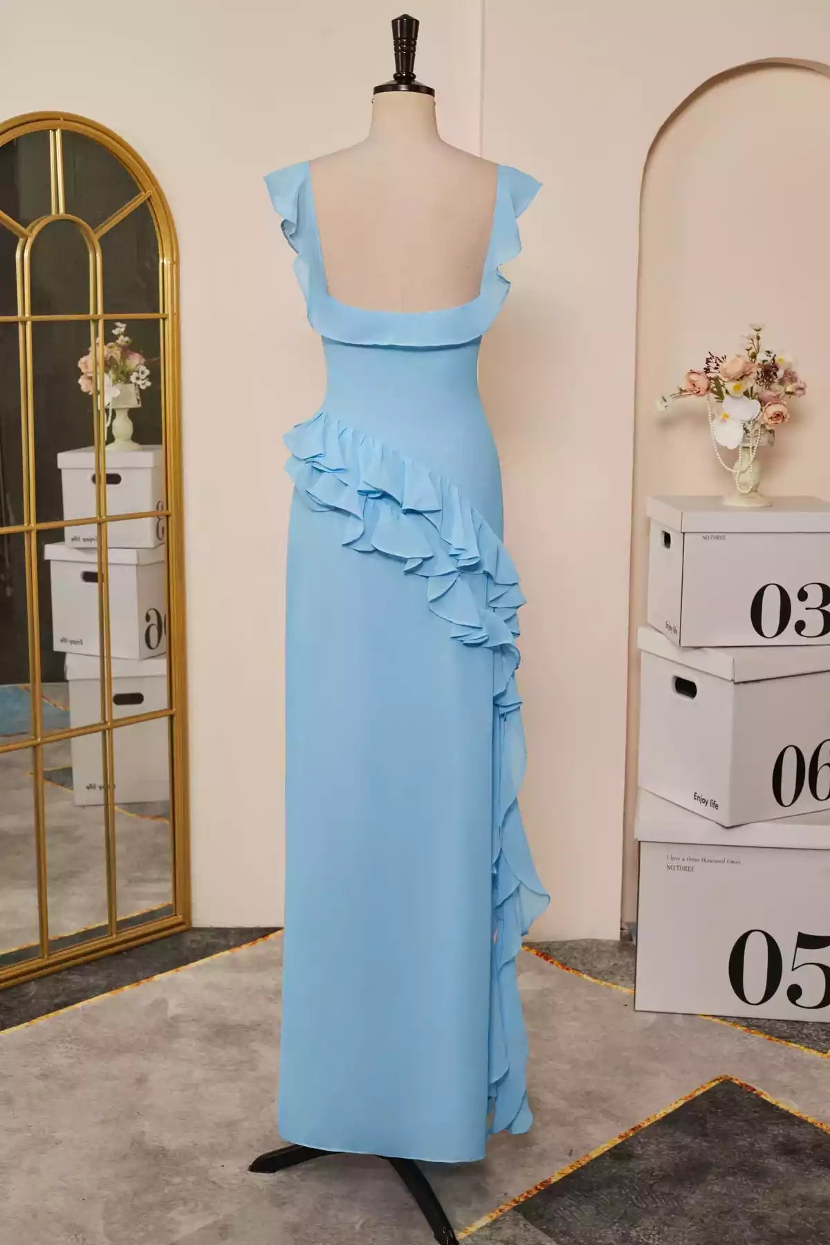 Ethereal Sky Blue Chiffon Gown with Ruffled Flutter Sleeves & Asymmetrical Ruffle Skirt