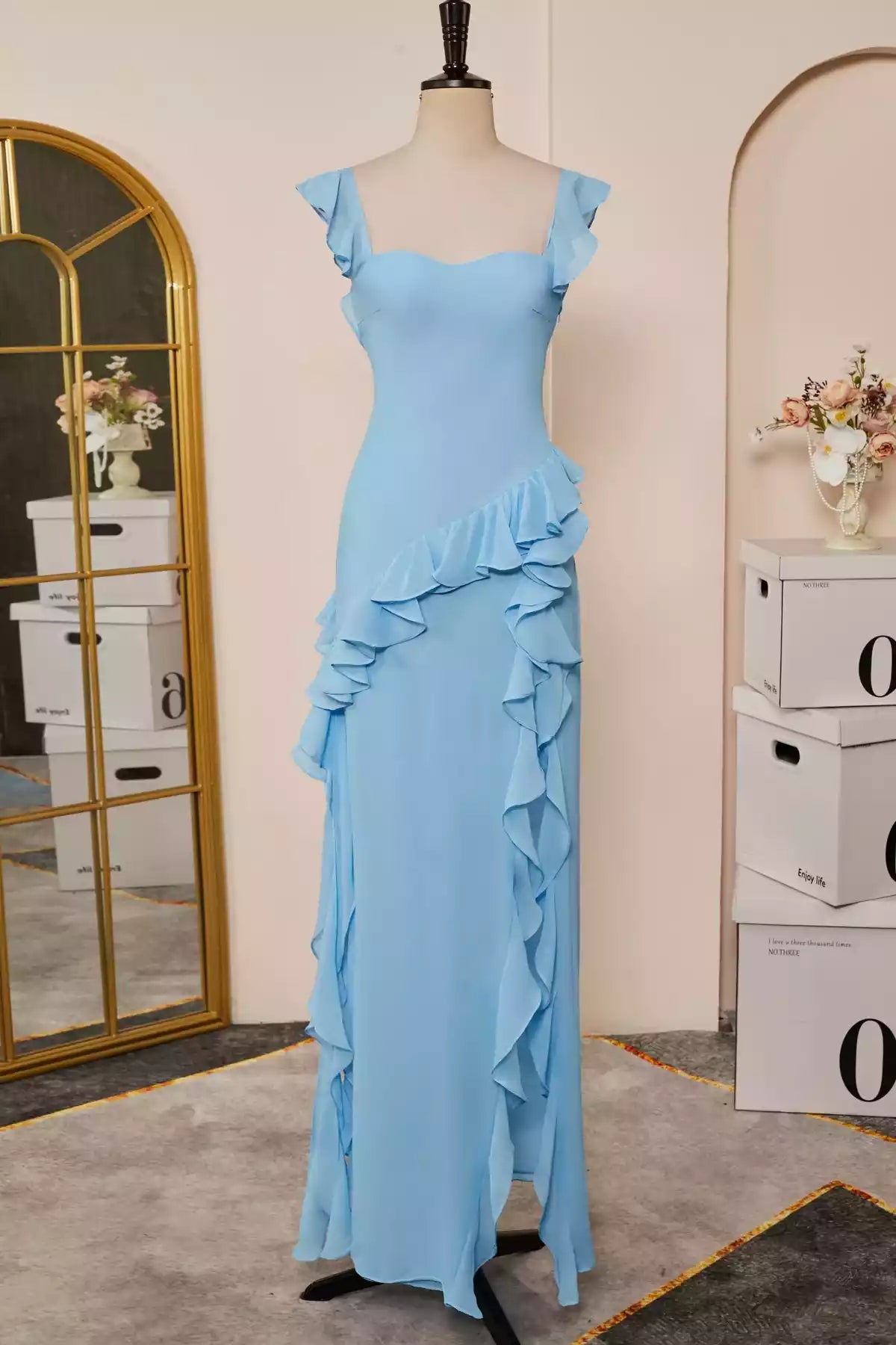 Ethereal Sky Blue Chiffon Gown with Ruffled Flutter Sleeves & Asymmetrical Ruffle Skirt