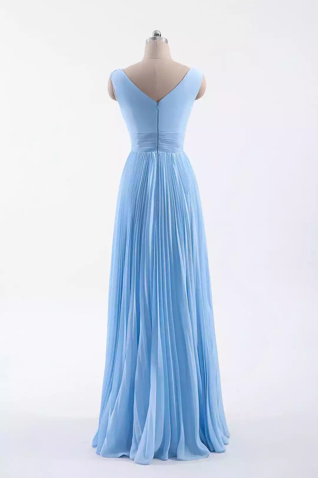 Ethereal Sky Blue Chiffon Gown with V-Neck & Pleated Skirt