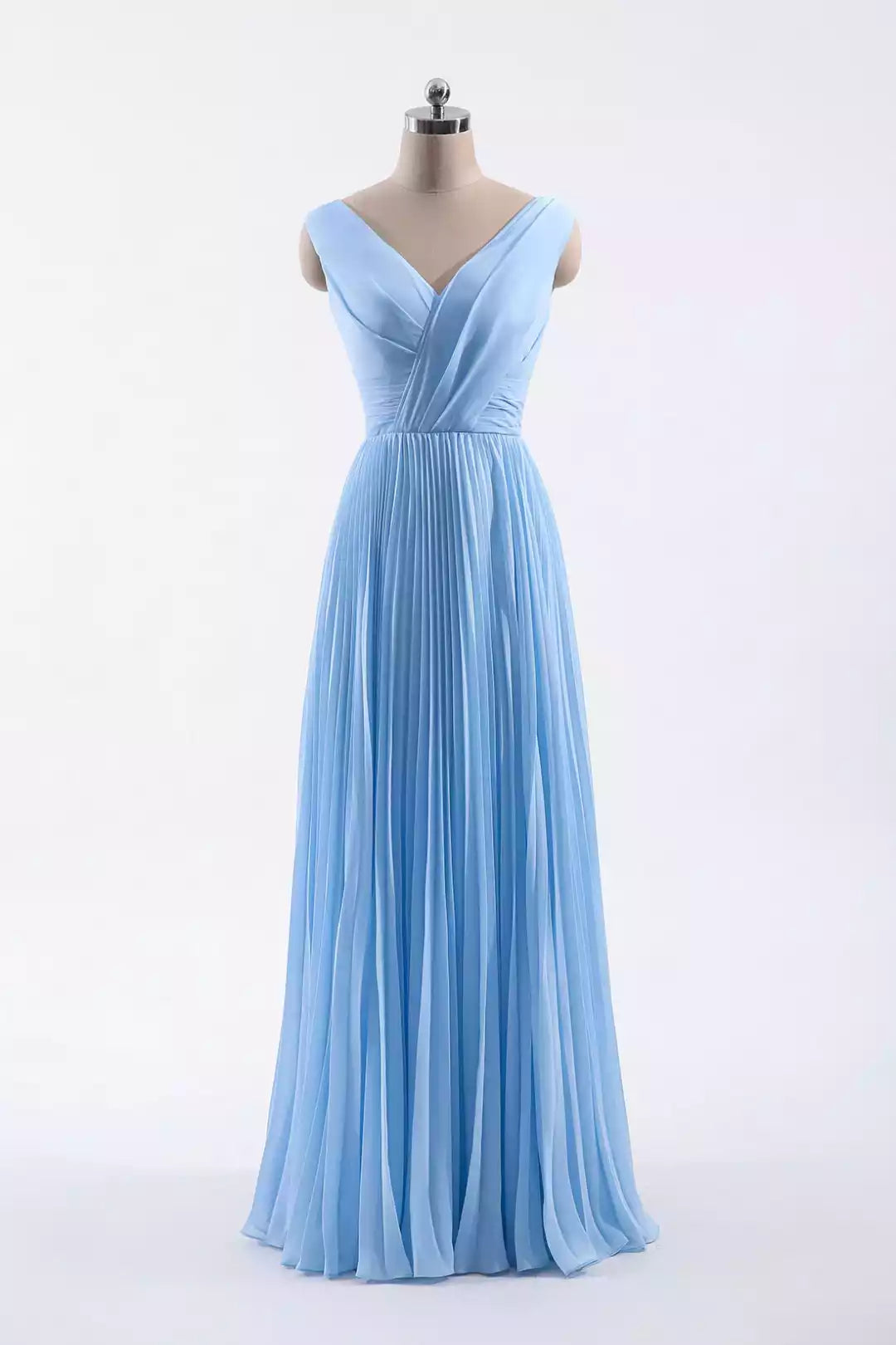 Ethereal Sky Blue Chiffon Gown with V-Neck & Pleated Skirt