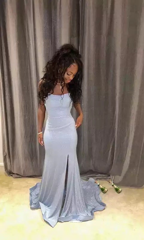 Ethereal Sky Blue Glitter Mermaid Gown with Strapless Bodice & Cross-Back Lace-Up