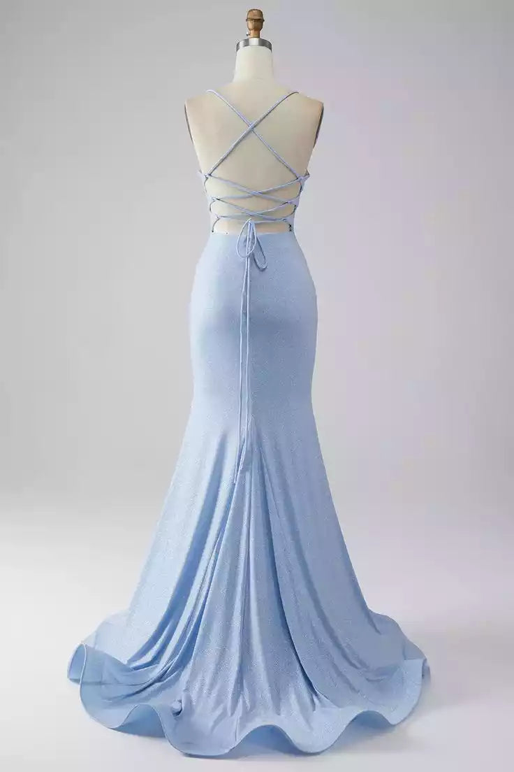 Ethereal Sky Blue Glitter Mermaid Gown with Strapless Bodice & Cross-Back Lace-Up