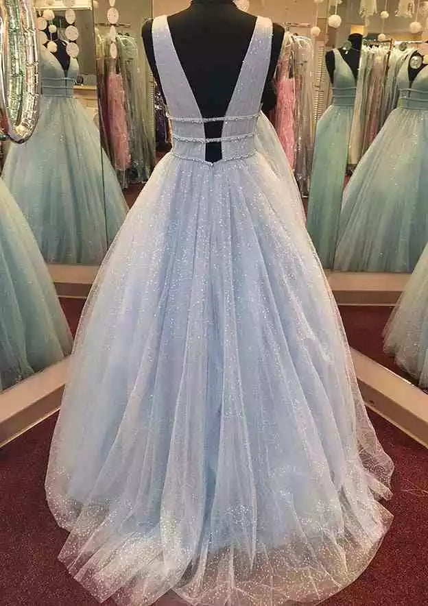 Ethereal Sky Blue Glitter Tulle Ballgown with Plunging V-Neck & Open Back
