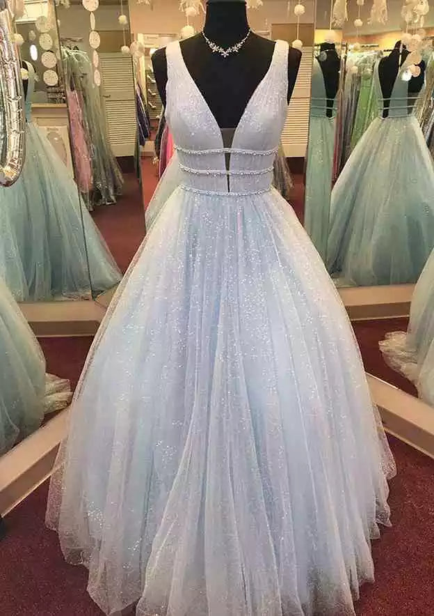 Ethereal Sky Blue Glitter Tulle Ballgown with Plunging V-Neck & Open Back