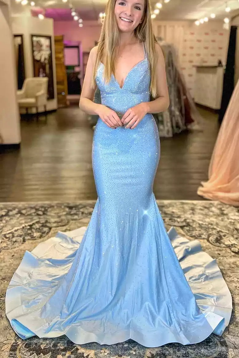 Ethereal Sky Blue Rhinestone Mermaid Gown with Crisscross Back & Deep V-Neckline