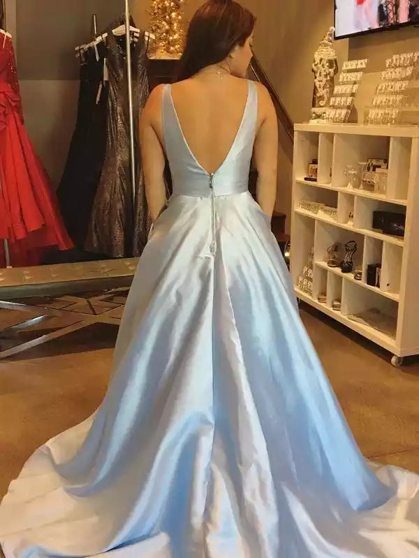 Ethereal Sky Blue Satin Ballgown with One-Shoulder Deep V-Neck & Open Back