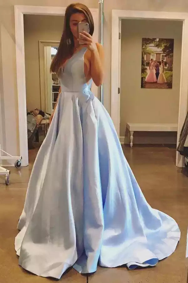 Ethereal Sky Blue Satin Ballgown with One-Shoulder Deep V-Neck & Open Back