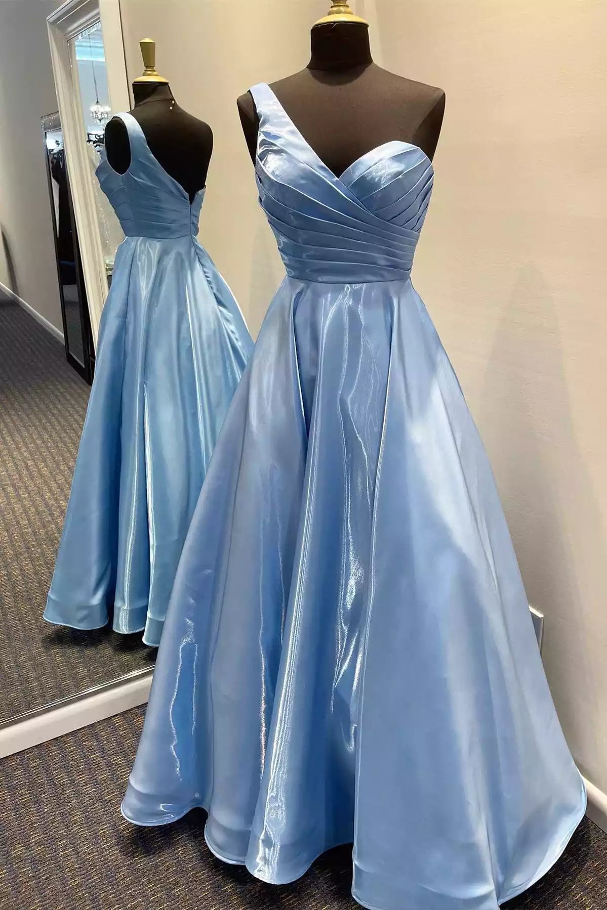 Ethereal Sky Blue Satin Ballgown with One-Shoulder Neckline & Ruched Bodice