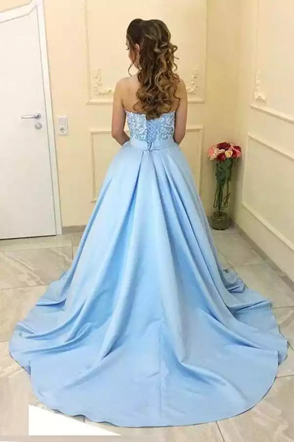 Ethereal Sky Blue Satin Ballgown with Strapless Beaded Bodice