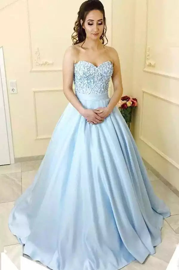 Ethereal Sky Blue Satin Ballgown with Strapless Beaded Bodice