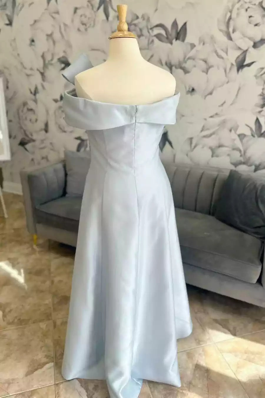 Ethereal Sky Blue Satin Gown with Off-the-Shoulder & Oversized Bow Detail