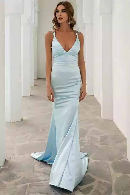 Ethereal Sky Blue Satin Mermaid Gown with Crisscross Back & Plunging V-Neckline