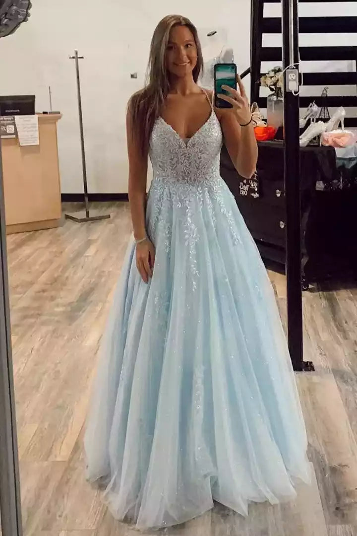 Ethereal Sky Blue Tulle Ballgown with Lace & Crisscross Back