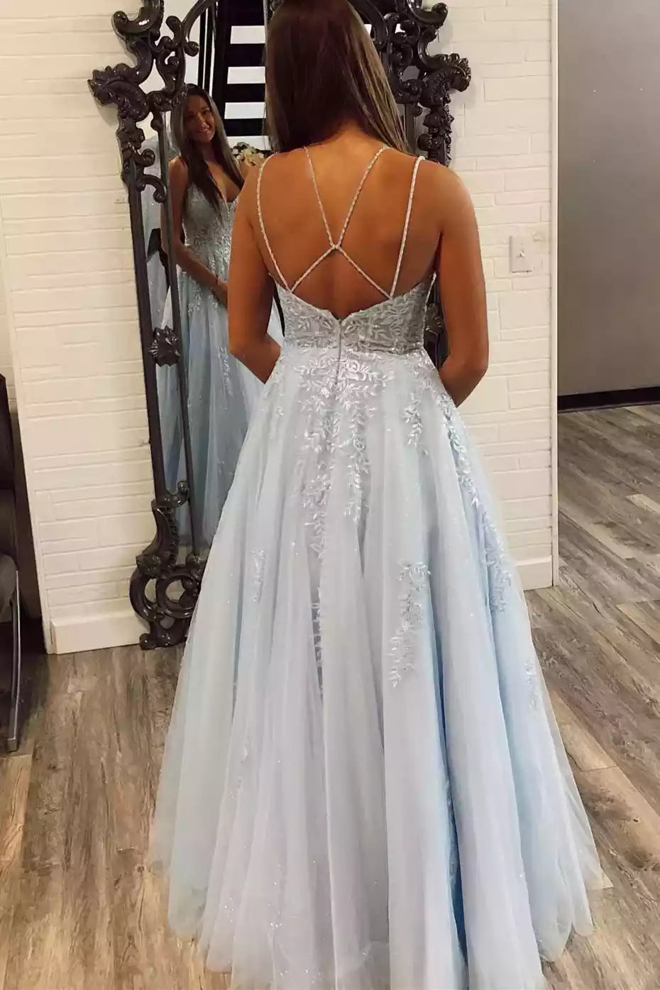 Ethereal Sky Blue Tulle Ballgown with Lace & Crisscross Back