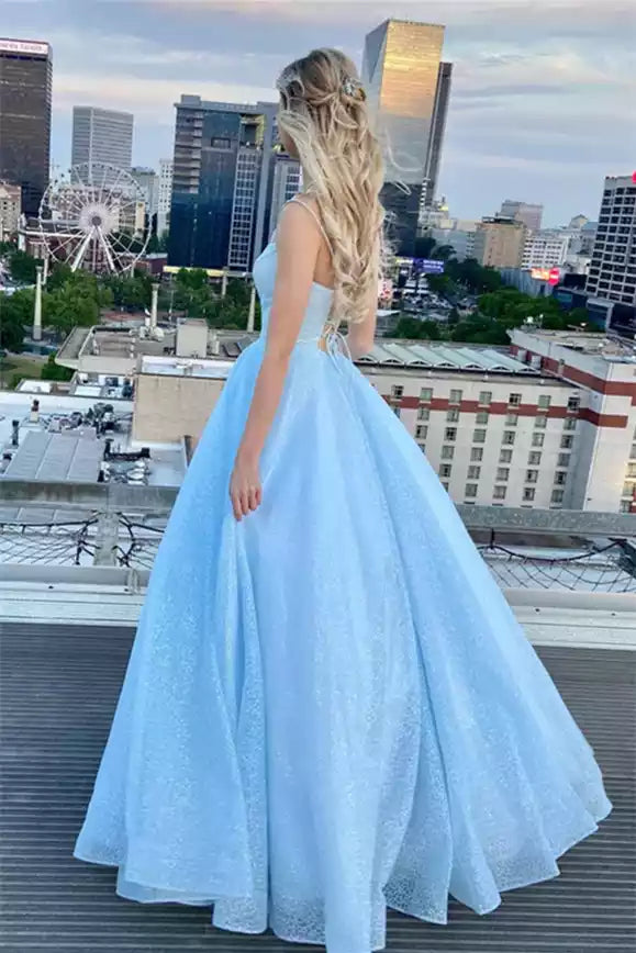 Ethereal Sky Blue Tulle Ballgown with Spaghetti Straps & Lace-Up Back
