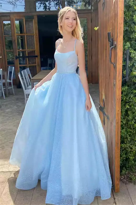 Ethereal Sky Blue Tulle Ballgown with Spaghetti Straps & Lace-Up Back