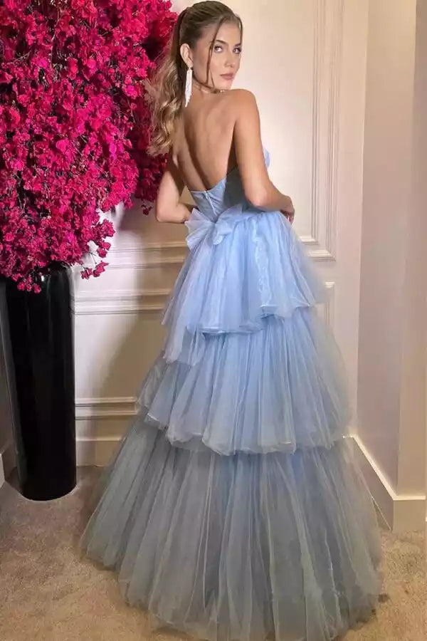 Ethereal Sky Blue Tulle Ballgown with Tiered Ruffles & Strapless Sweetheart Neckline
