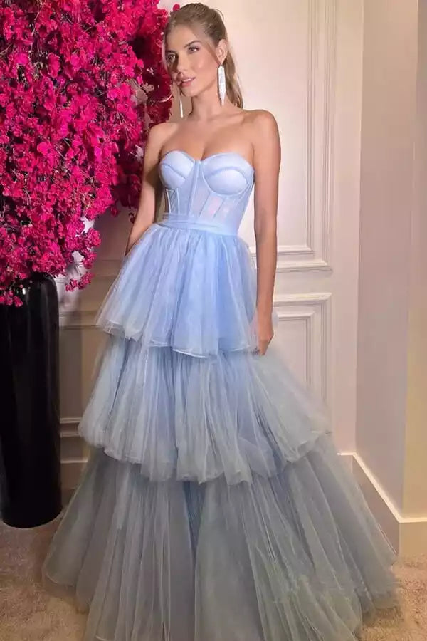 Ethereal Sky Blue Tulle Ballgown with Tiered Ruffles & Strapless Sweetheart Neckline