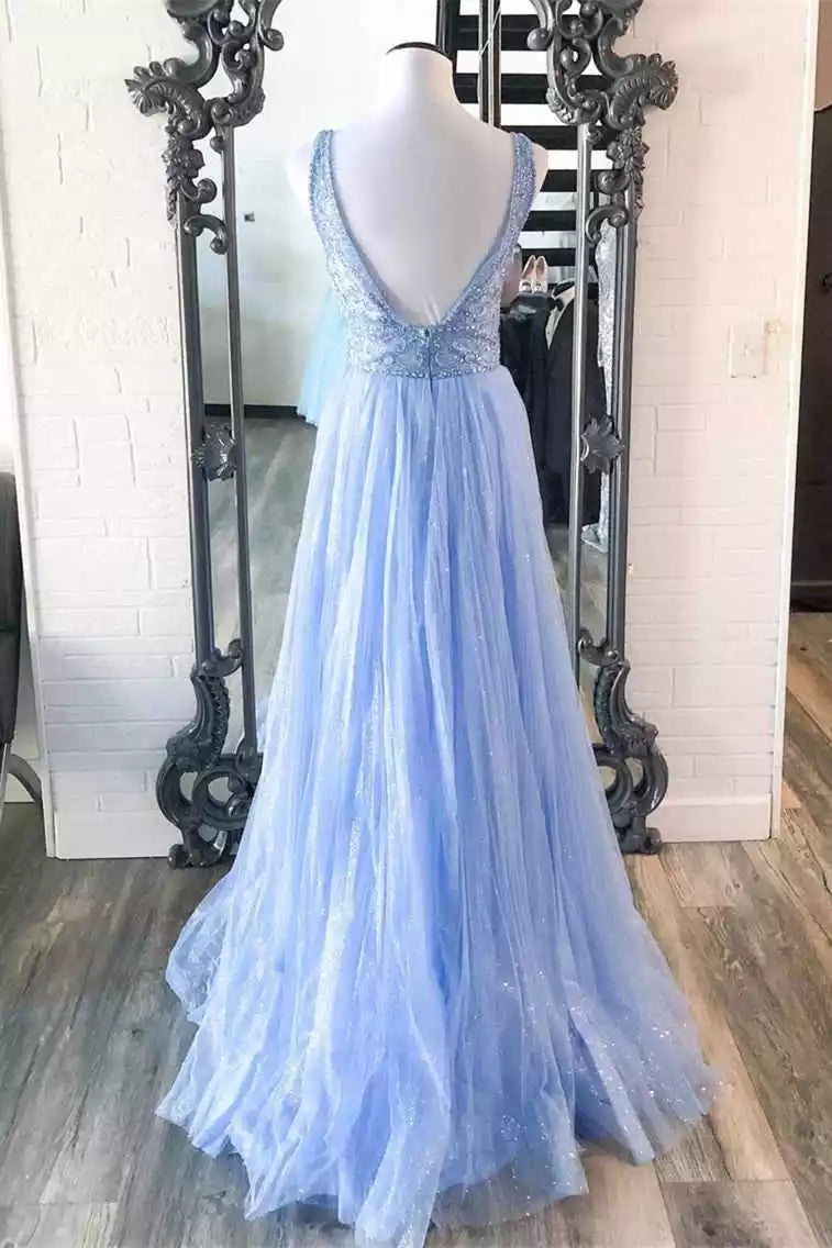 Ethereal Sky Blue Tulle Gown with Beaded V-Bodice & Deep V-Back