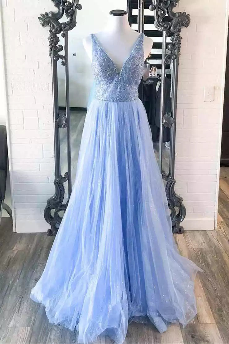 Ethereal Sky Blue Tulle Gown with Beaded V-Bodice & Deep V-Back