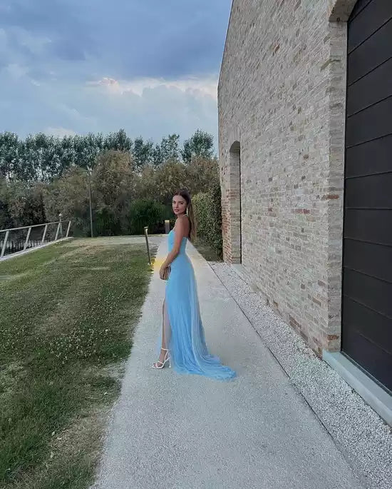 Ethereal Sky Blue Tulle Strapless Gown with Ruched Bodice & High Slit