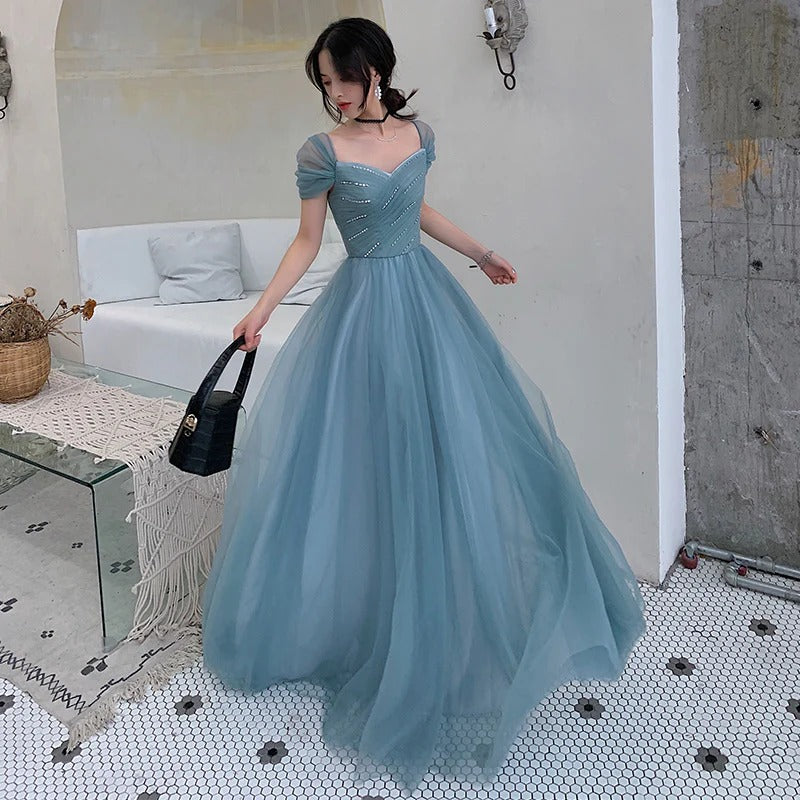 Ethereal Sweetheart Short Sleeve Dusty Blue Tulle Gown