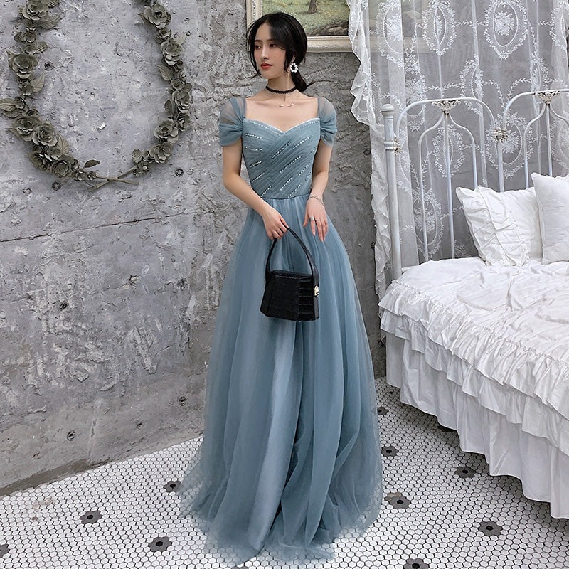 Ethereal Sweetheart Short Sleeve Dusty Blue Tulle Gown