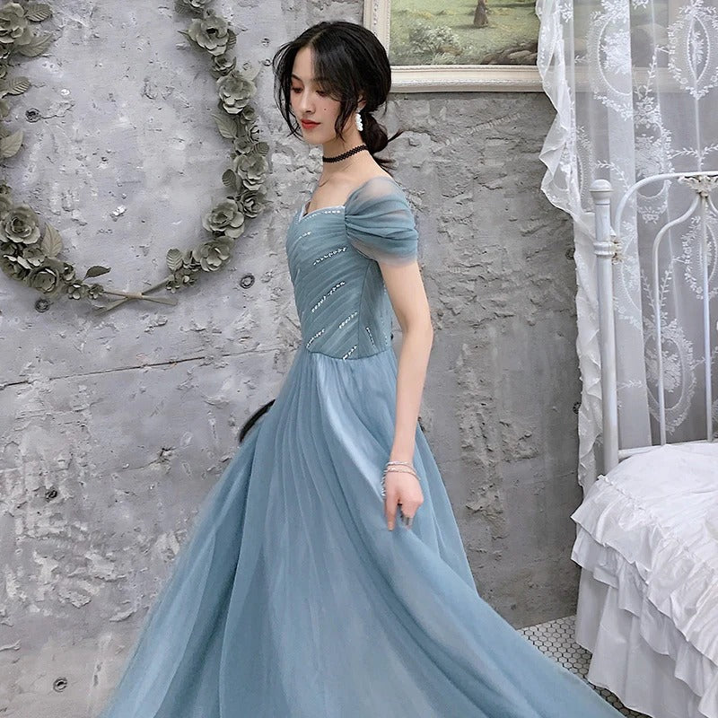 Ethereal Sweetheart Short Sleeve Dusty Blue Tulle Gown
