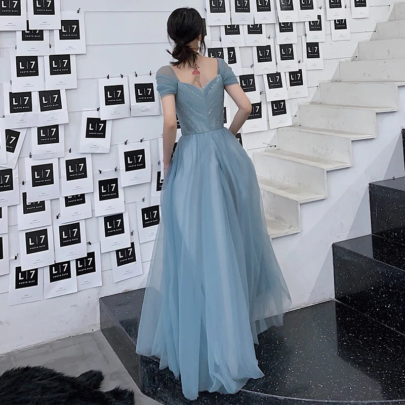Ethereal Sweetheart Short Sleeve Dusty Blue Tulle Gown
