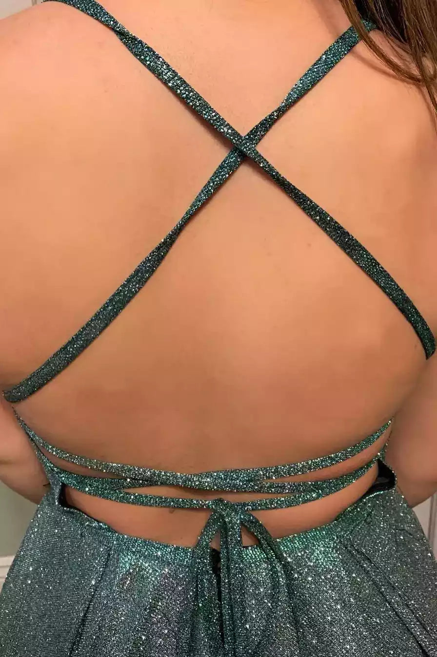 Ethereal Teal Glitter Gown with Plunging V-Neckline & Crisscross Open Back