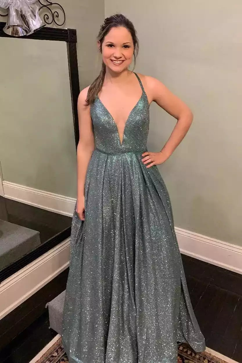 Ethereal Teal Glitter Gown with Plunging V-Neckline & Crisscross Open Back