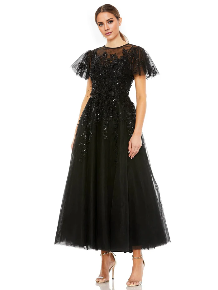 Evening Dresses A Line Short Sleeves Sparkly Lace Appliques Tulle Prom Dresses