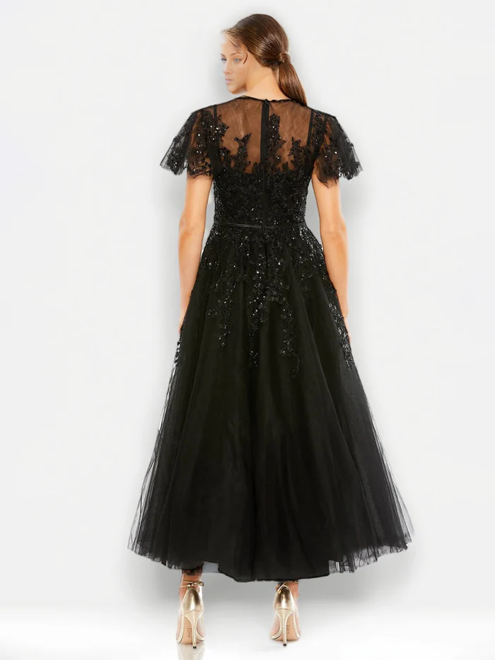 Evening Dresses A Line Short Sleeves Sparkly Lace Appliques Tulle Prom Dresses