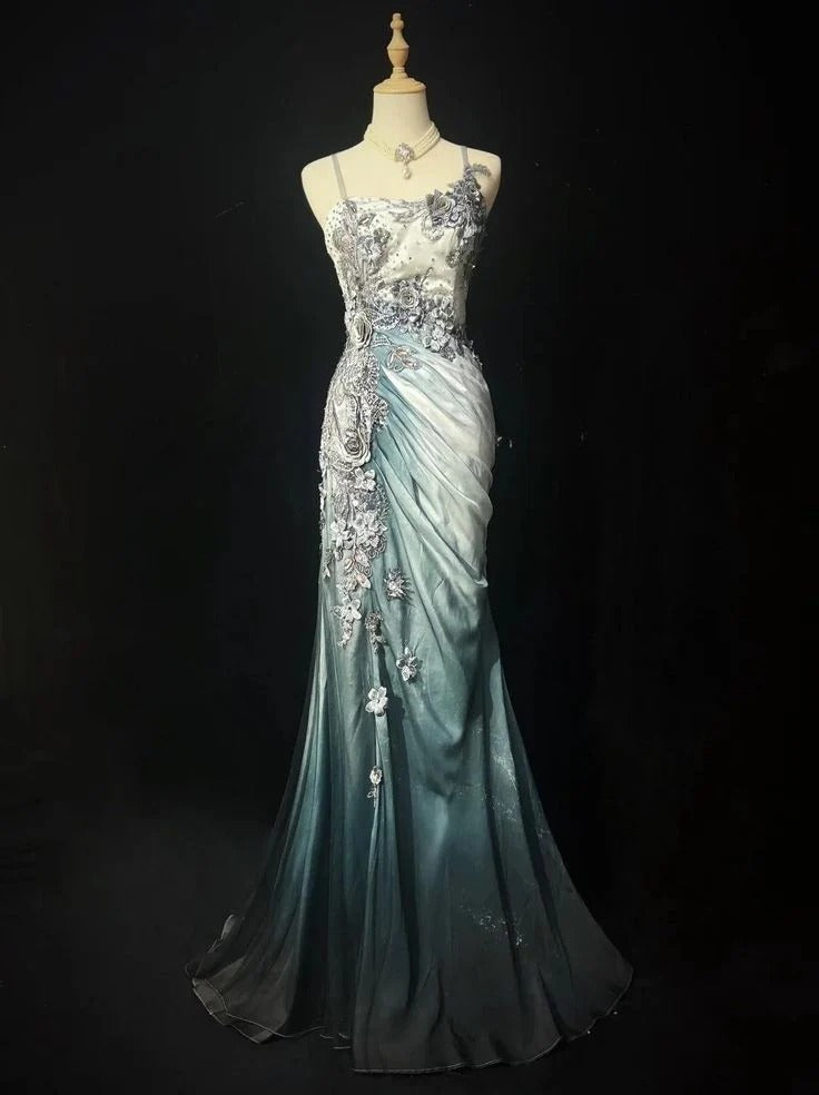Exquisite Mermaid Spaghetti-Strap 3D-Floral Gradient Chiffon Prom Dresses
