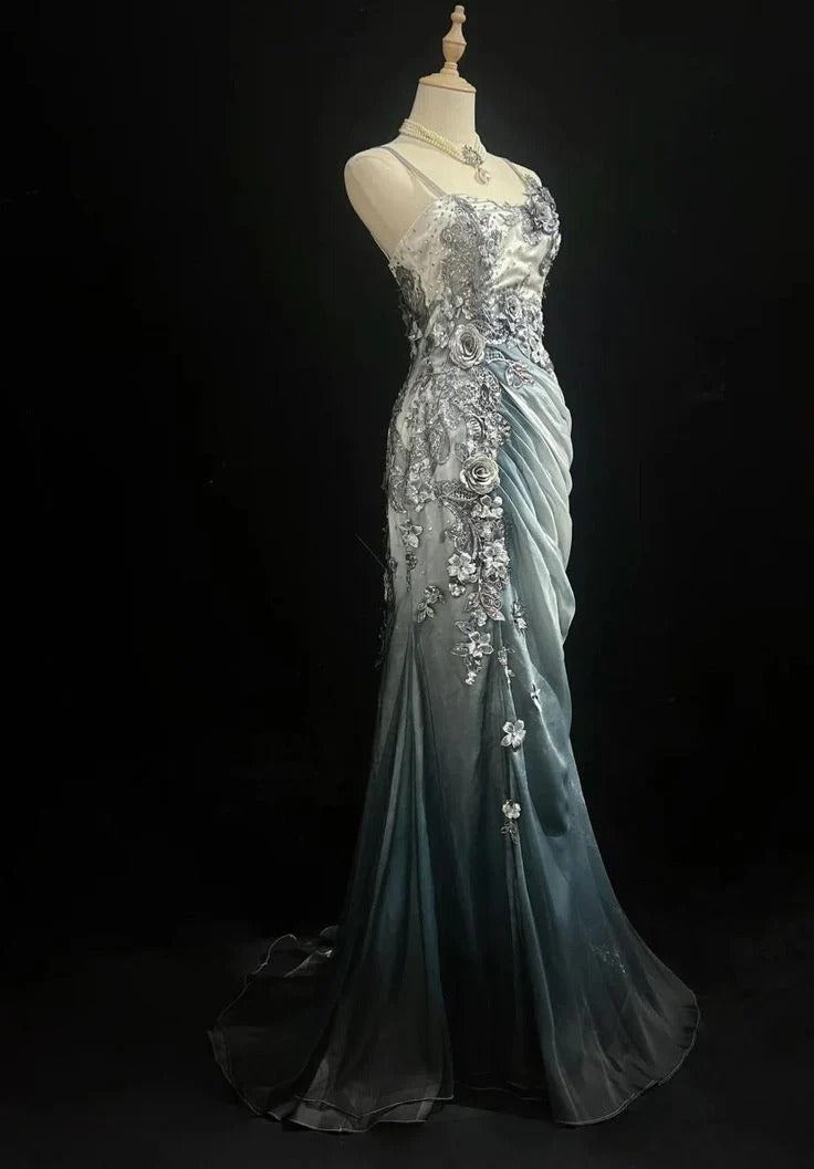 Exquisite Mermaid Spaghetti-Strap 3D-Floral Gradient Chiffon Prom Dresses