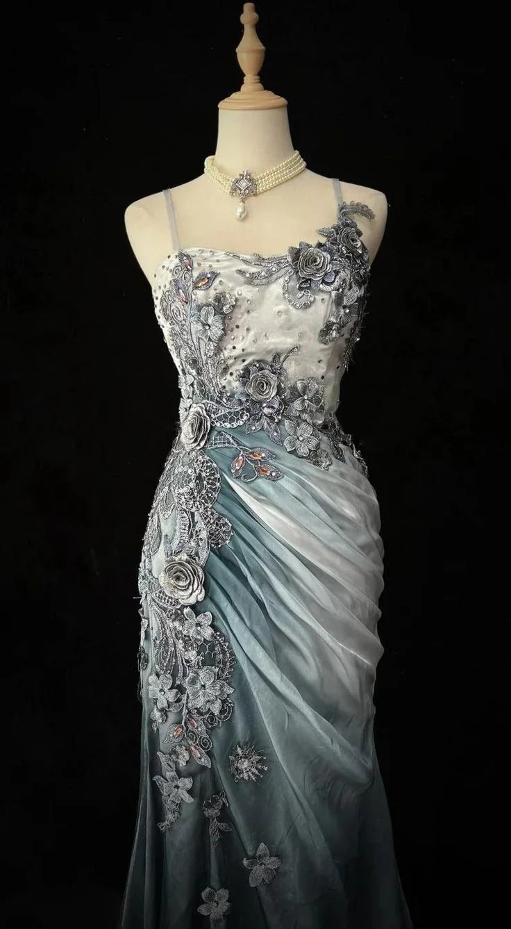 Exquisite Mermaid Spaghetti-Strap 3D-Floral Gradient Chiffon Prom Dresses