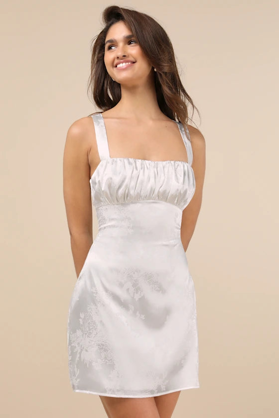 Exquisite Outlook Floral Jacquard Satin Lace-Up Mini Dress Homecoming Dresses