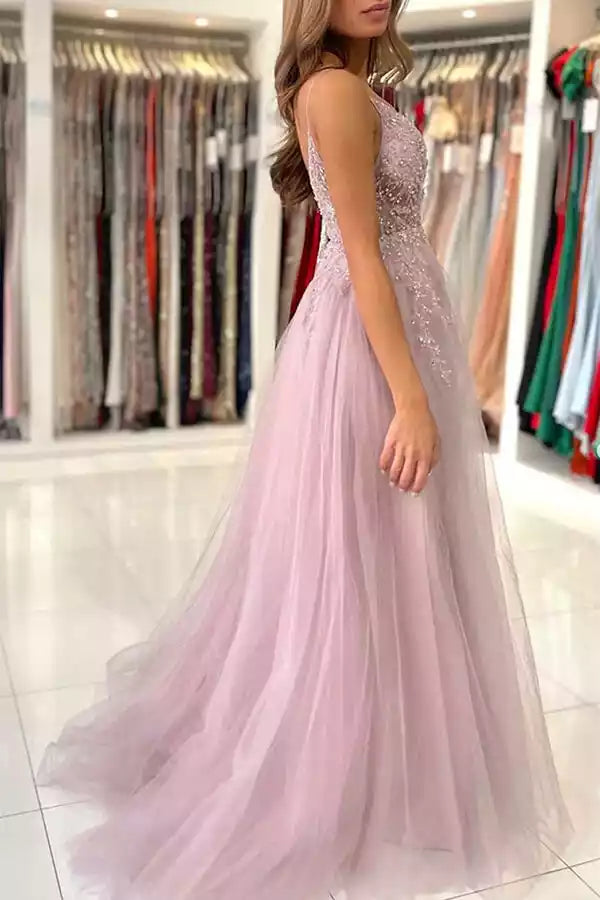 Exquisite chiffon A-line V-neck bead sleeveless and floor Prom Dresses